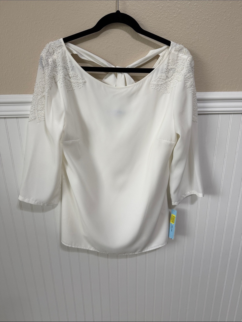 NWT Antonio Melani Size M Women's Ivory Embellished Boatneck Top with Back Tie
